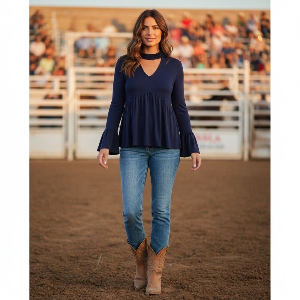 Lee Western Womens Medium Cutout V Neck Top Pleated Bell Sleeve Boho Rodeo New